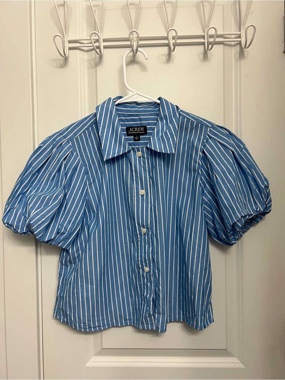 J. Crew Blue and White Striped Bubble Sleeve Button-Down Shirt
